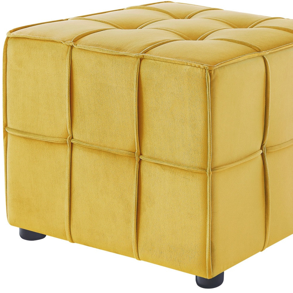 22" Yellow Velvet And Black Cube Ottoman