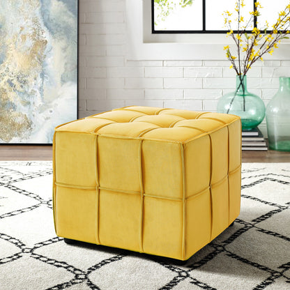 22" Yellow Velvet And Black Cube Ottoman