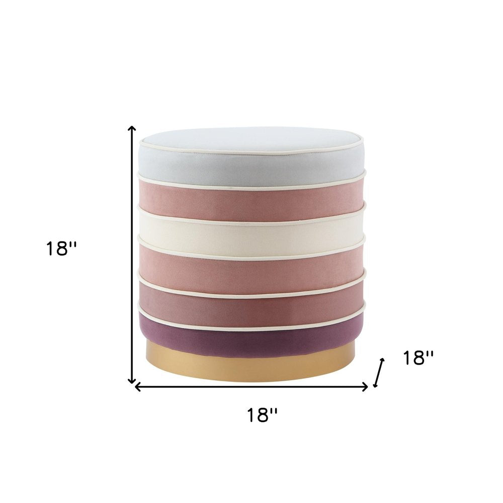 18" Blush Velvet And Gold Round Striped Ottoman