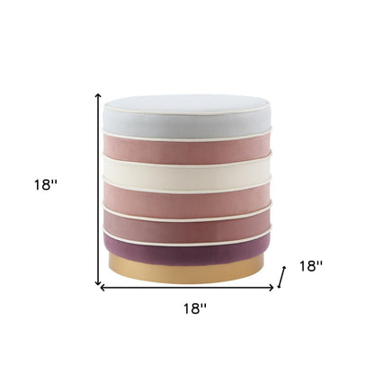 18" Blush Velvet And Gold Round Striped Ottoman