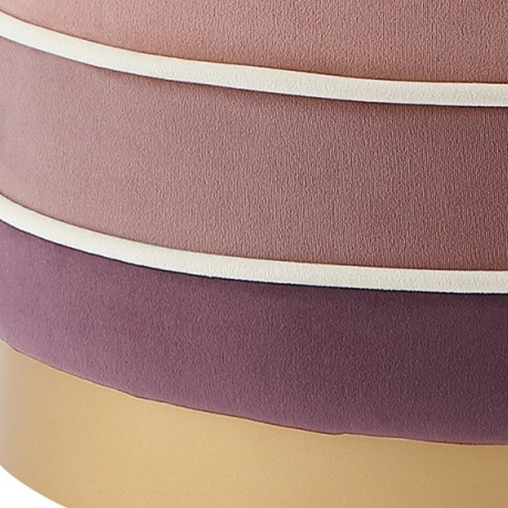 18" Blush Velvet And Gold Round Striped Ottoman