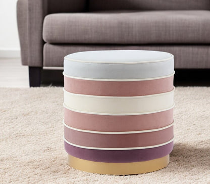 18" Blush Velvet And Gold Round Striped Ottoman