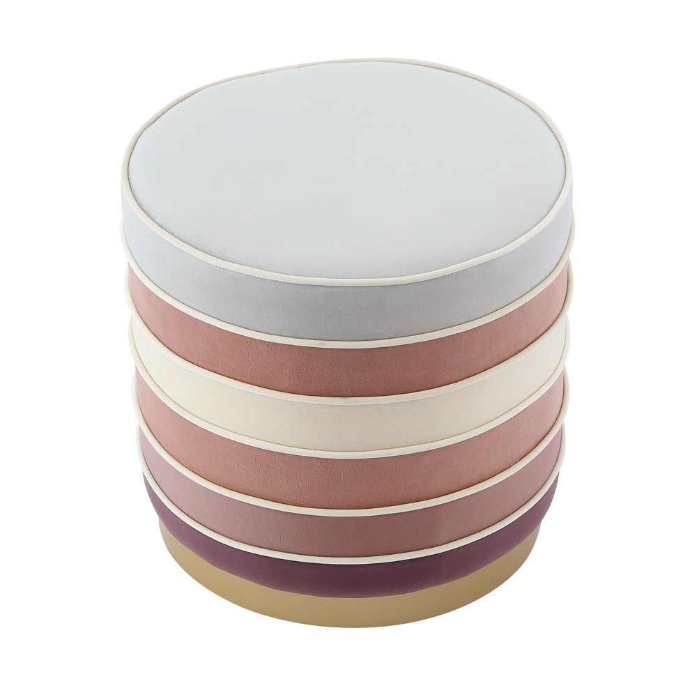 18" Blush Velvet And Gold Round Striped Ottoman