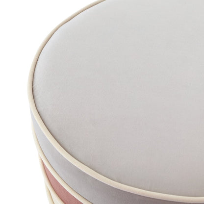 18" Blush Velvet And Gold Round Striped Ottoman