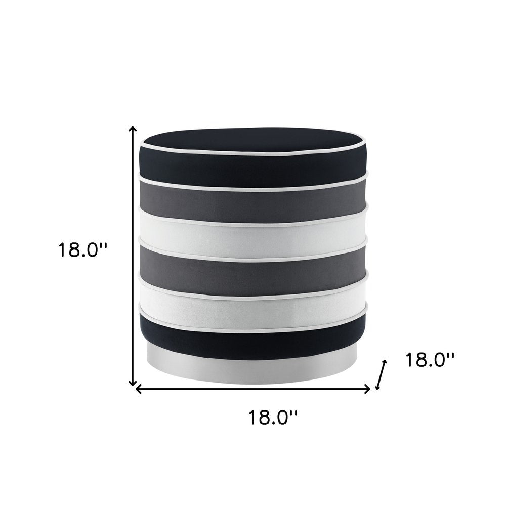 18" Blush Velvet And Gold Round Striped Ottoman