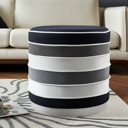 18" Blush Velvet And Gold Round Striped Ottoman