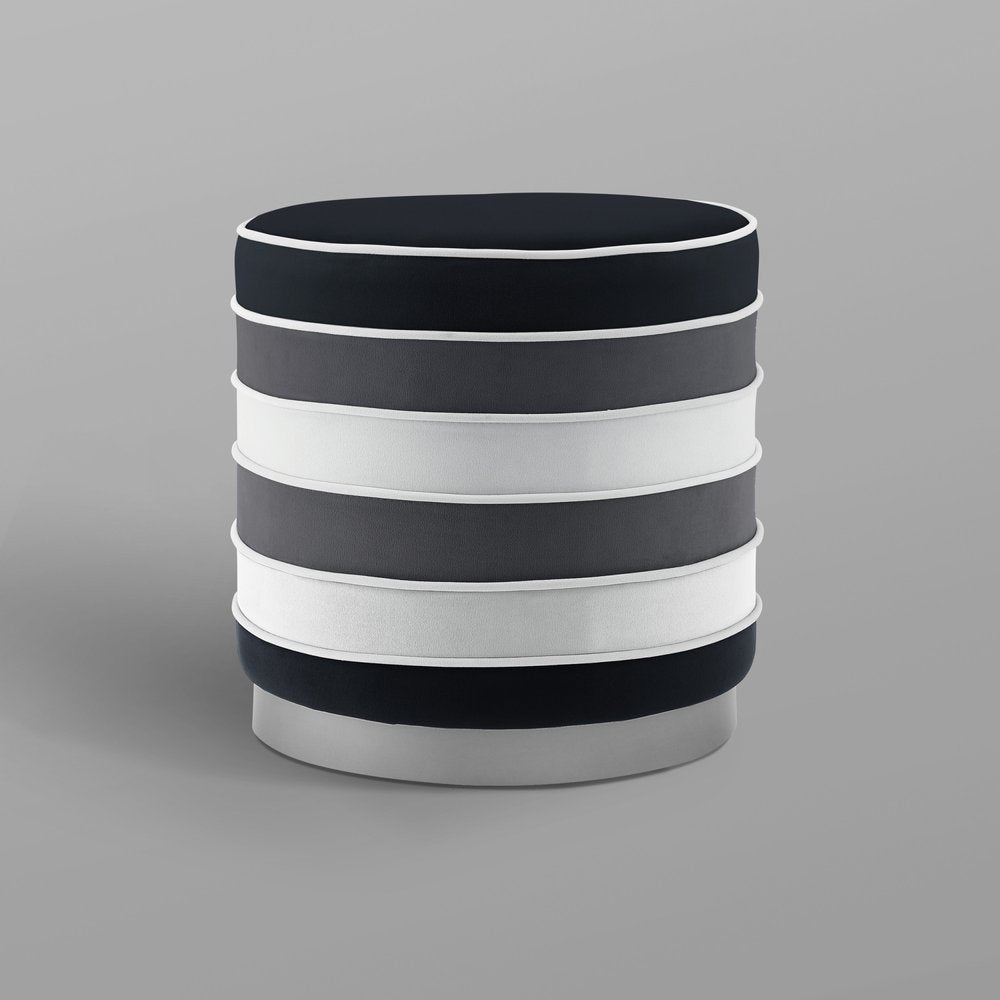 18" Blush Velvet And Gold Round Striped Ottoman