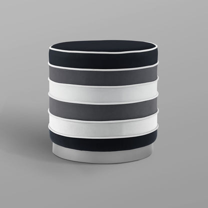 18" Blush Velvet And Gold Round Striped Ottoman