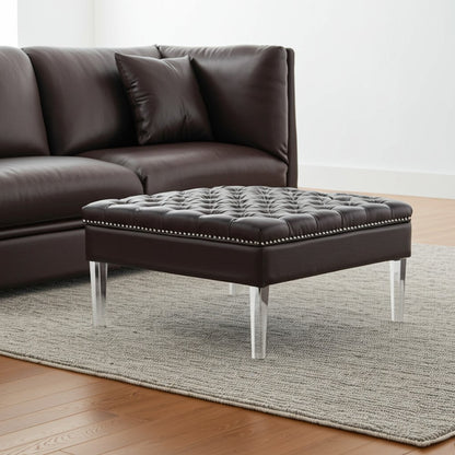 35" Espresso Faux Leather And Clear Cocktail Ottoman