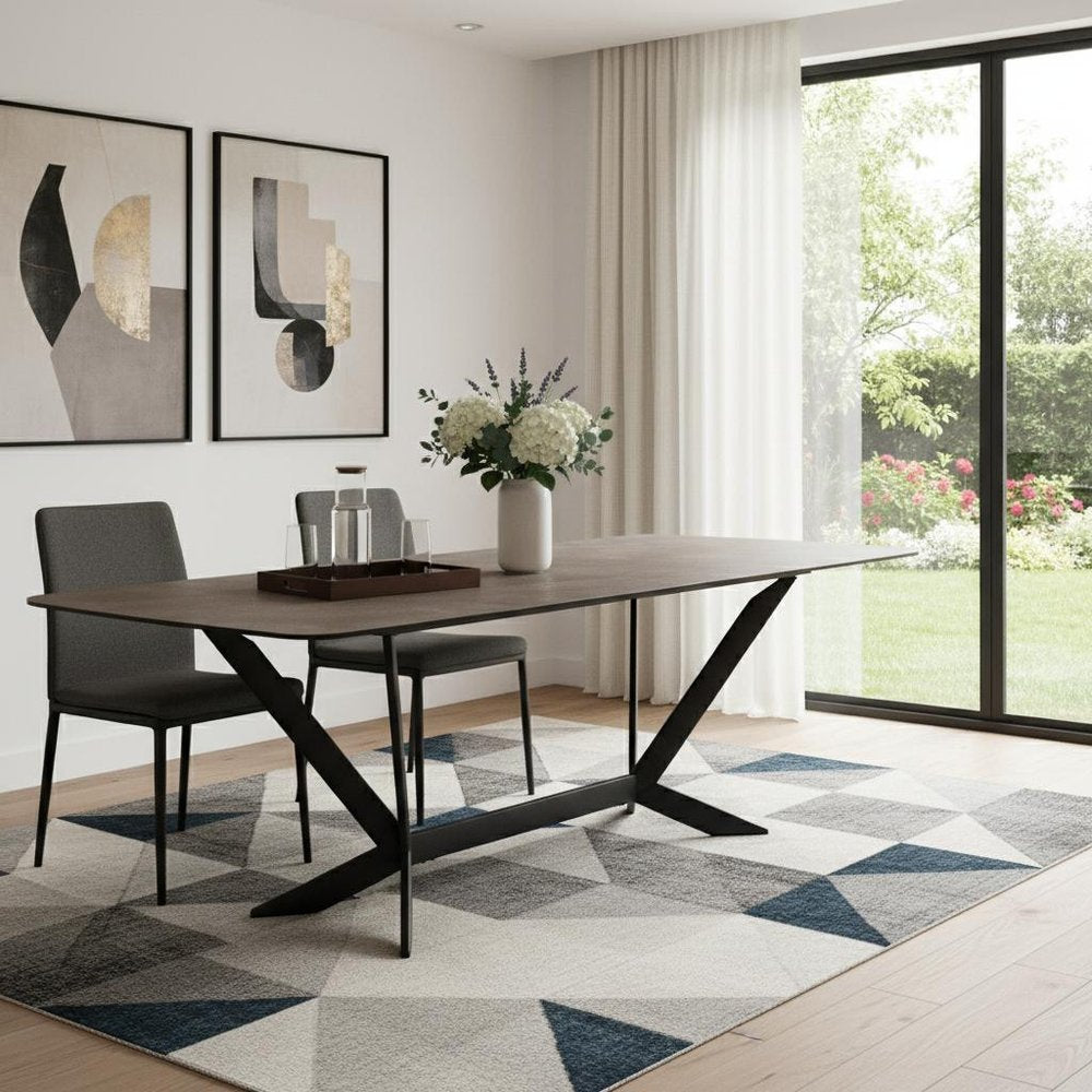 118" Gray And Black Ceramic And Metal Trestle Base Dining Table