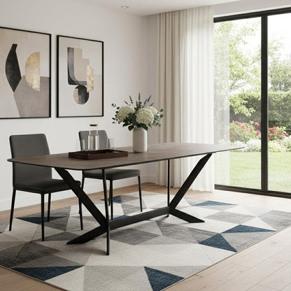 118" Gray And Black Ceramic And Metal Trestle Base Dining Table