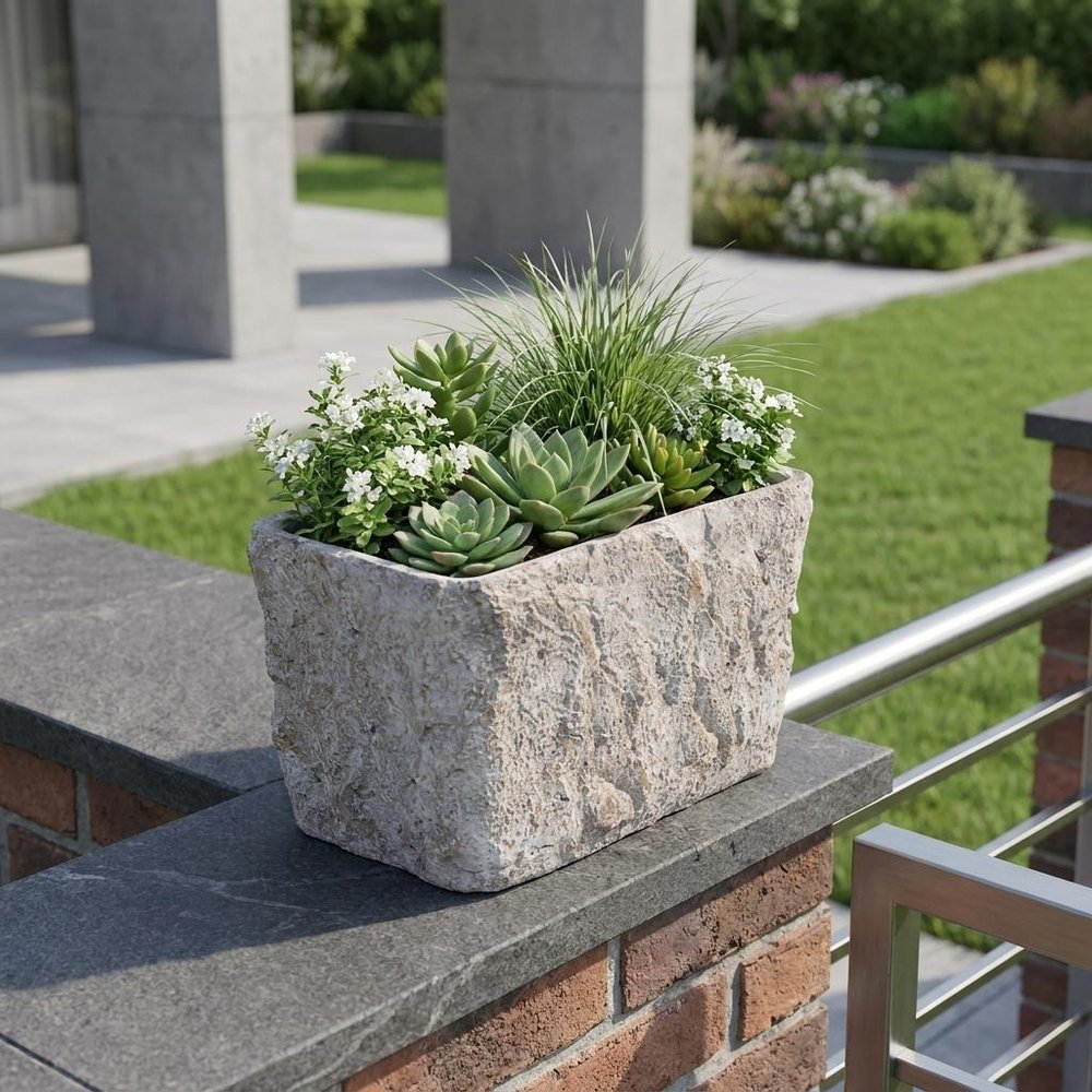 9" Gray Speckle Glaze Cement Indoor Outdoor Rectangular Pot Planter
