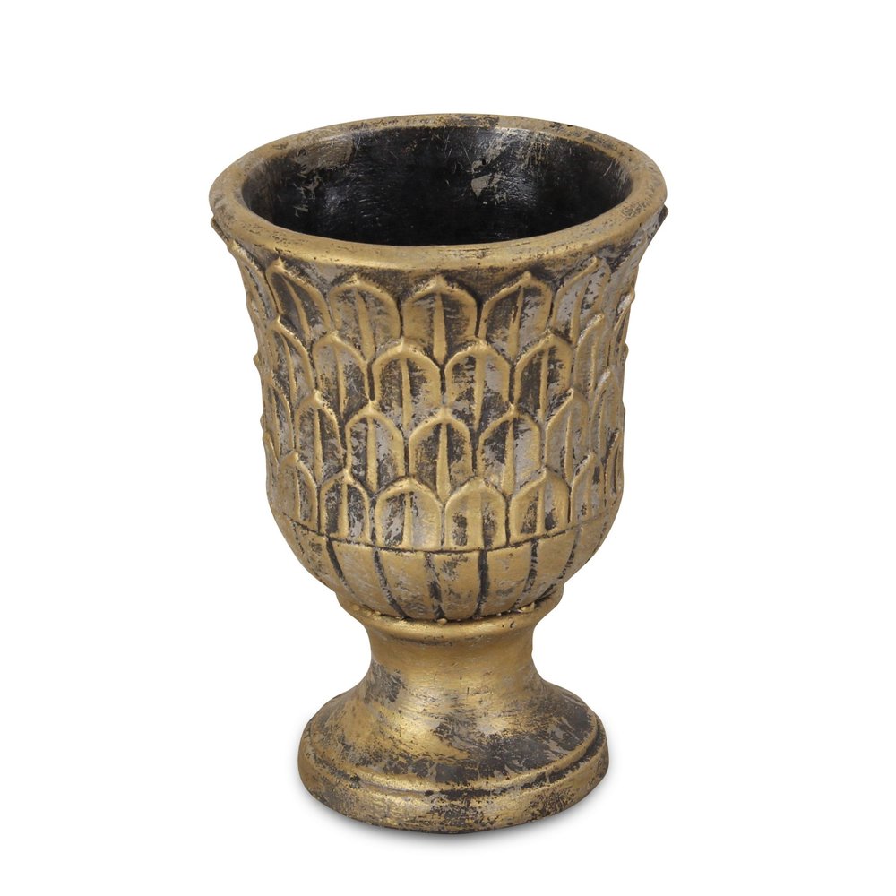 7" Antiqued Brass Textural Tone On Tone Cement Indoor Outdoor Round Urn Planter