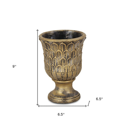 7" Antiqued Brass Textural Tone On Tone Cement Indoor Outdoor Round Urn Planter