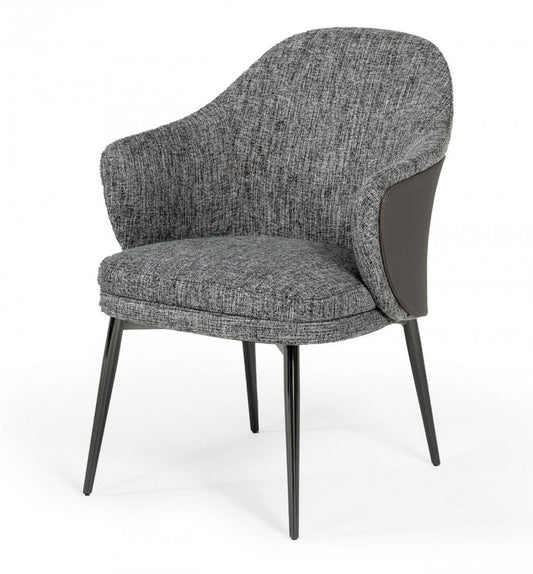 Gray and Black Upholstered Fabric And Faux Leather Wing Back Dining Arm Chair