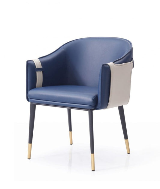 Blue Beige and Black Upholstered Faux Leather Dining Arm Chair
