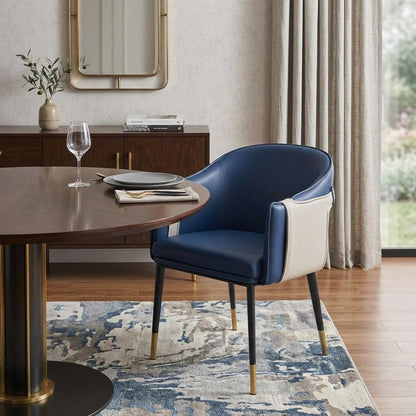 Blue Beige and Black Upholstered Faux Leather Dining Arm Chair