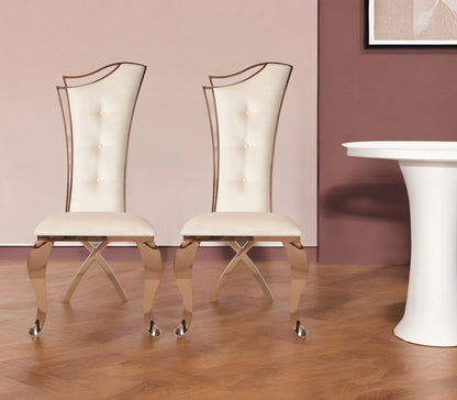 Set of Two Tufted Beige And Rose Gold Upholstered Velvet Dining Side Chairs