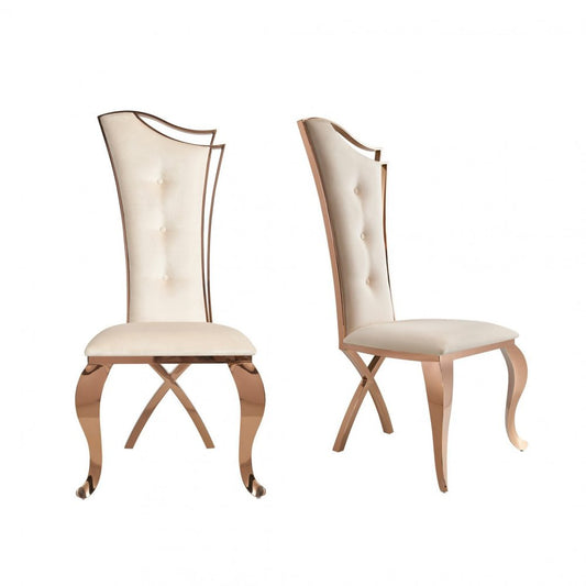 Set of Two Tufted Beige And Rose Gold Upholstered Velvet Dining Side Chairs