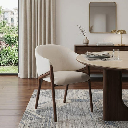 Cream And Brown Upholstered Fabric Wing Back Dining Arm Chair