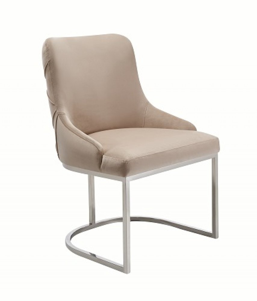 Set of Two Tufted Beige and Silver Upholstered Velvet Dining Side Chairs