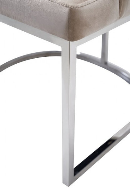 Set of Two Tufted Beige and Silver Upholstered Velvet Dining Side Chairs
