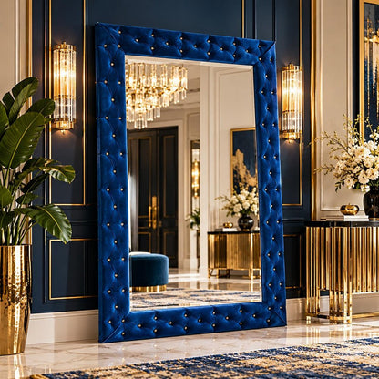 74" X 56" Blue Velvet Leaning Ornate Framed Accent Mirror