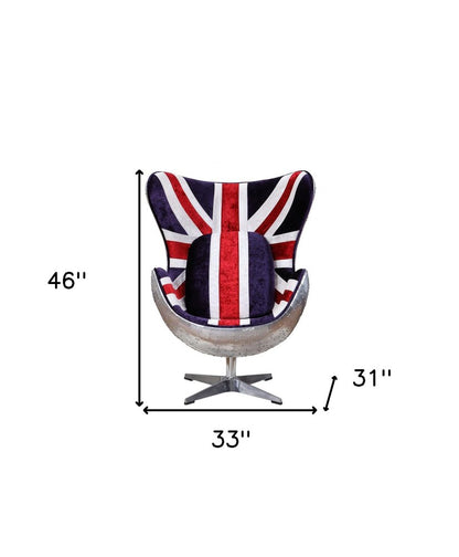 33" Red White Blue and Silver Fabric Great Britain Flag Swivel Balloon Chair