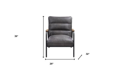 26" Gray and Black Top Grain Leather Tufted Lounge Chair