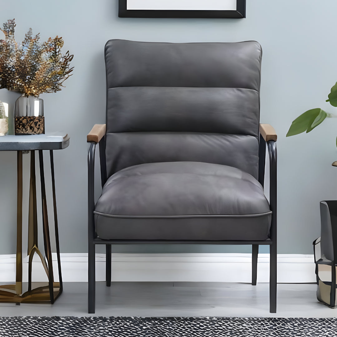 26" Gray And Black Top Grain Leather Tufted Lounge Chair