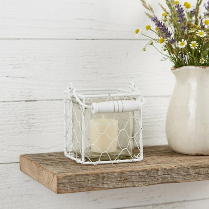 4" White Glass and Metal Lattice Tabletop Lantern Candle Holder