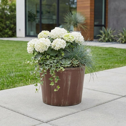 7" Brown and Ivory Textural Tone On Tone Recycled Plastic Indoor Outdoor Round Pot Planter