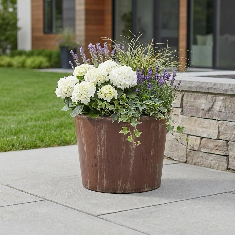 7" Brown and Ivory Textural Tone On Tone Recycled Plastic Indoor Outdoor Round Pot Planter