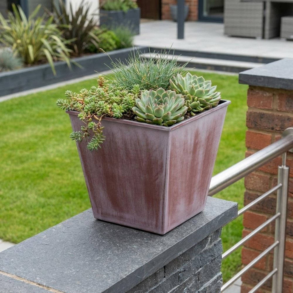 5" Brown and Off White Textural Tone On Tone Recycled Plastic Indoor Outdoor Square Pot Planter