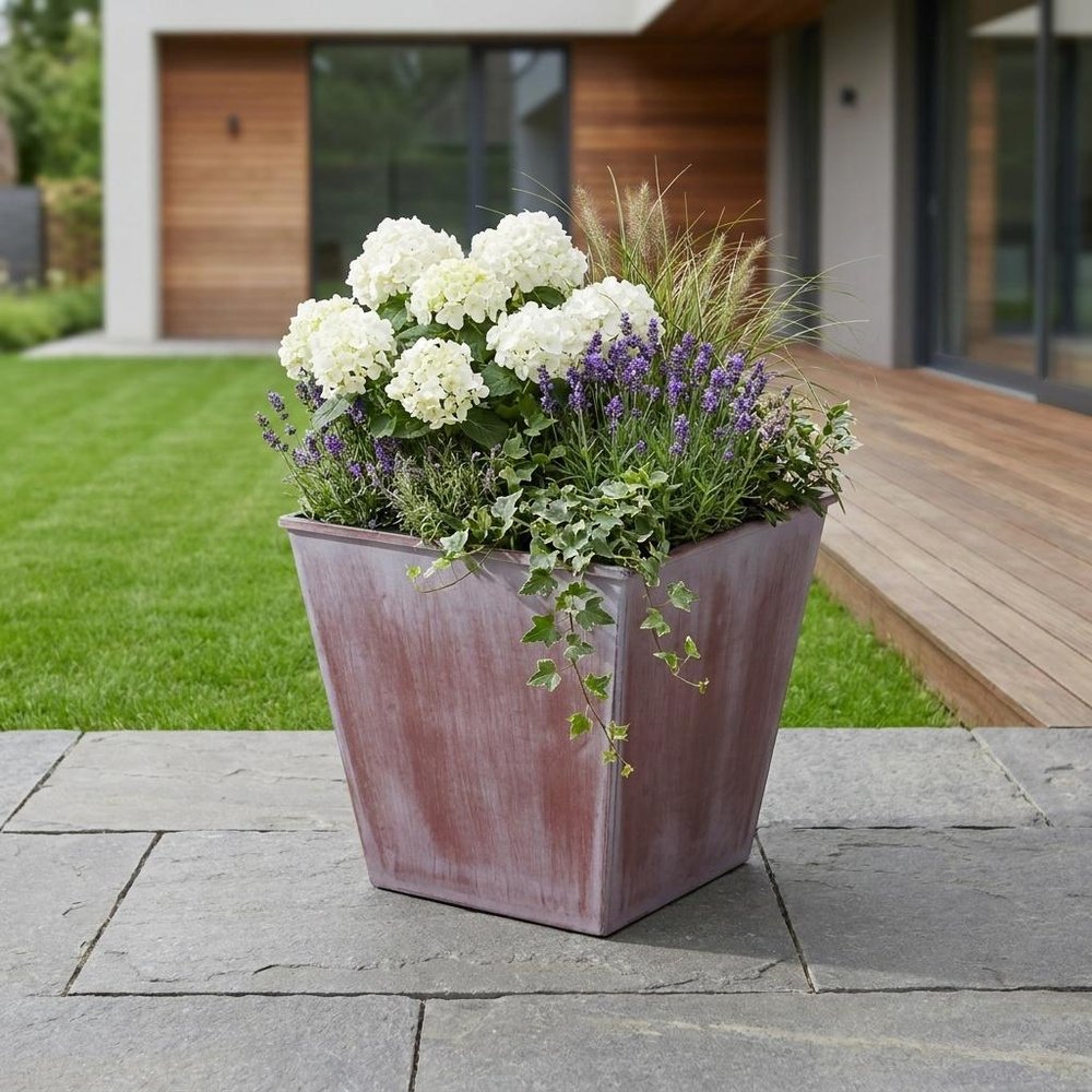 5" Brown and Off White Textural Tone On Tone Recycled Plastic Indoor Outdoor Square Pot Planter