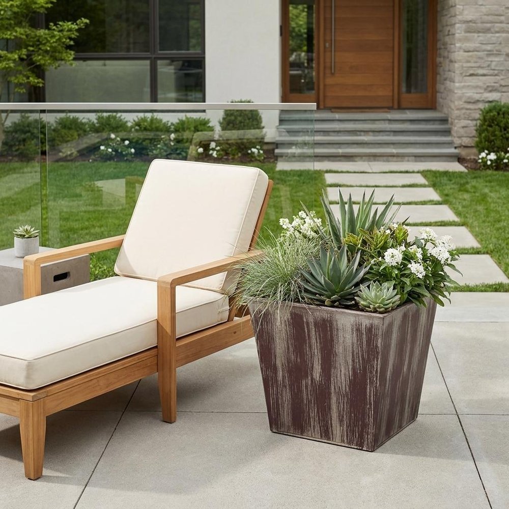 7" Brown and Ivory Textural Tone On Tone Recycled Plastic Indoor Outdoor Square Pot Planter