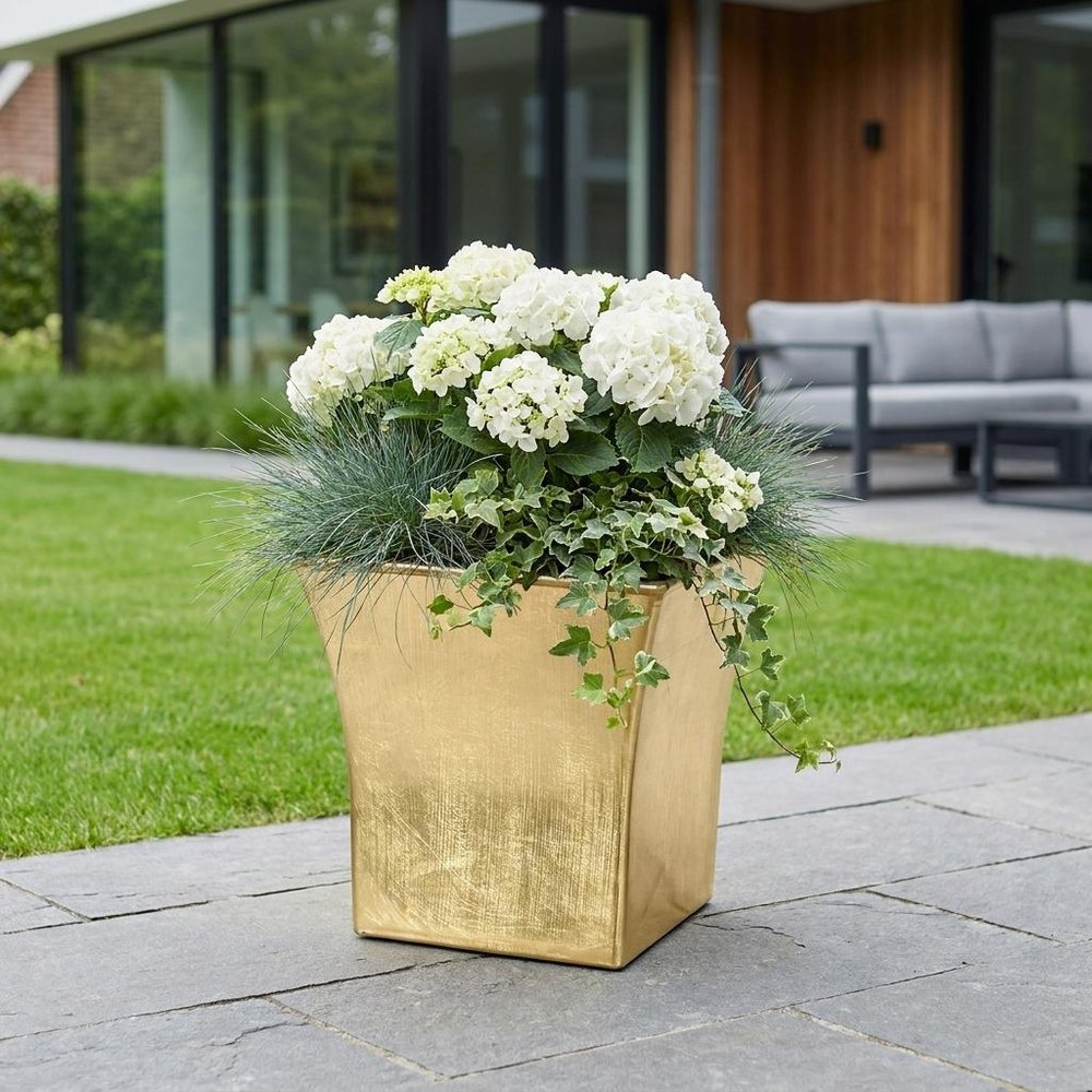7" Gold Recycled Plastic Indoor Outdoor Square Pot Planter