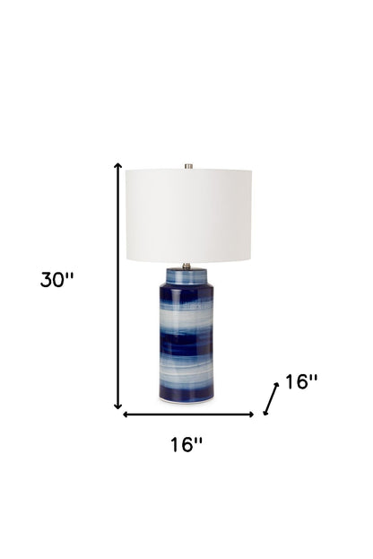 Set of Two 30" Blue and White Ceramic Cylinder Table Lamps With White Drum Shade