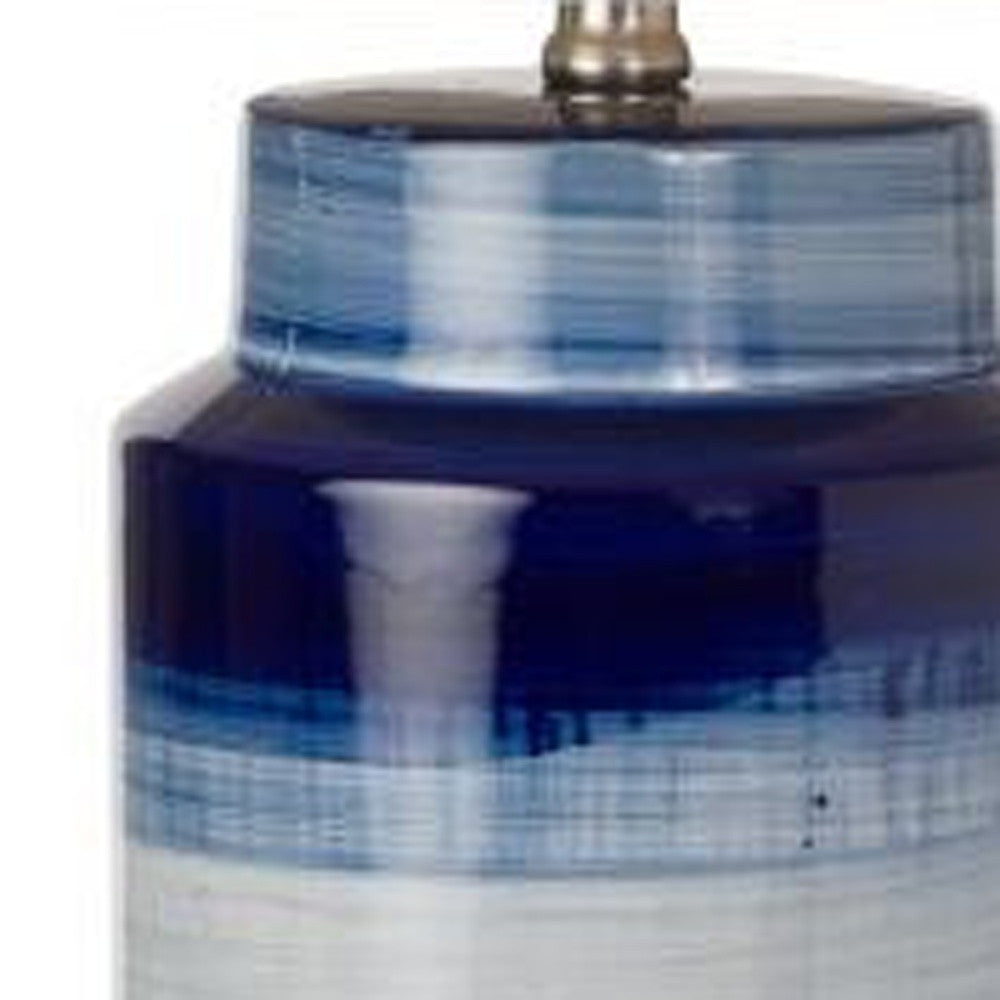 Set of Two 30" Blue and White Ceramic Cylinder Table Lamps With White Drum Shade