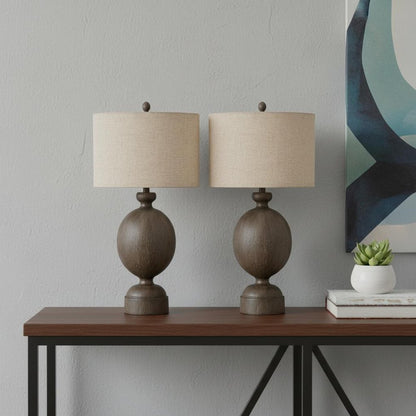 Set of Two 30" Brown Geometric Table Lamps With Beige Drum Shade