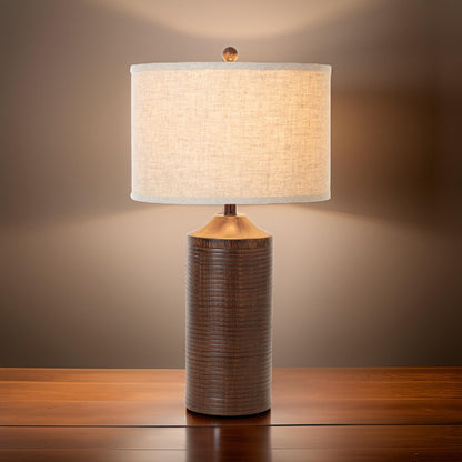 Set of Two 31" Distressed Brown Table Lamp USB With Beige Drum Shade