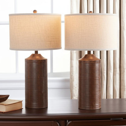 Set of Two 31" Distressed Brown Table Lamp USB With Beige Drum Shade