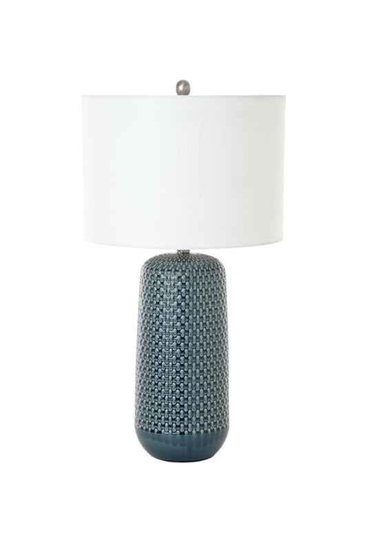 Set of Two 30" Blue Ceramic Geometric Table Lamp With White Drum Shade