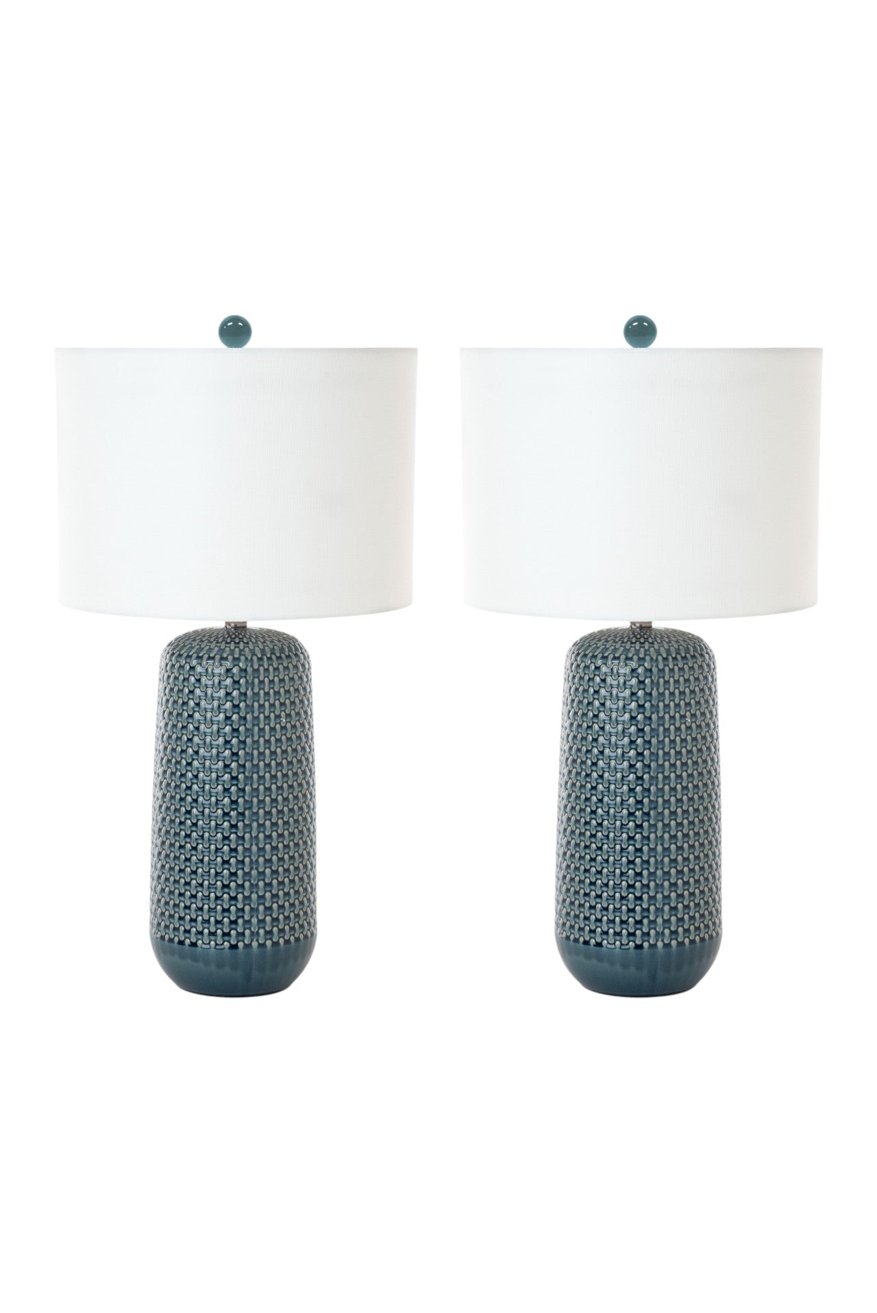 Set of Two 30" Blue Ceramic Geometric Table Lamp With White Drum Shade