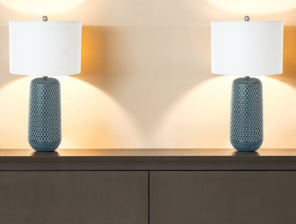 Set of Two 30" Blue Ceramic Geometric Table Lamp With White Drum Shade