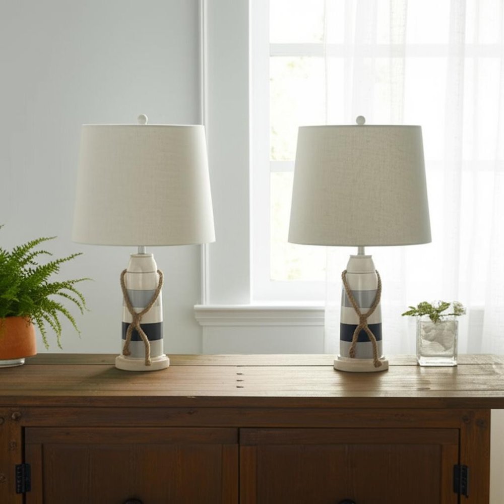 Set of Two 27" Blue White And Natural Coastal Buoy Table Lamps With Off White Empire Shade