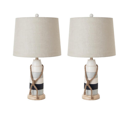 Set of Two 27" Blue White And Natural Coastal Buoy Table Lamps With Off White Empire Shade