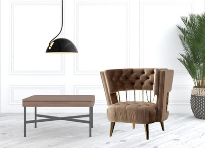 38" Beige And Gold Velvet Tufted Barrel Chair