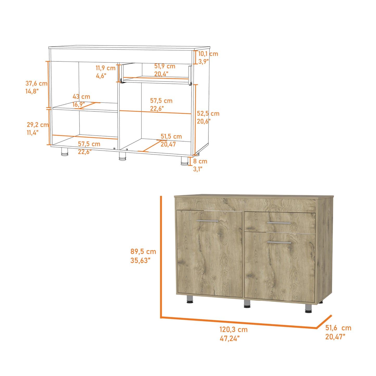 47" Natural Console Accent Cabinet With Three Shelves And One Drawer