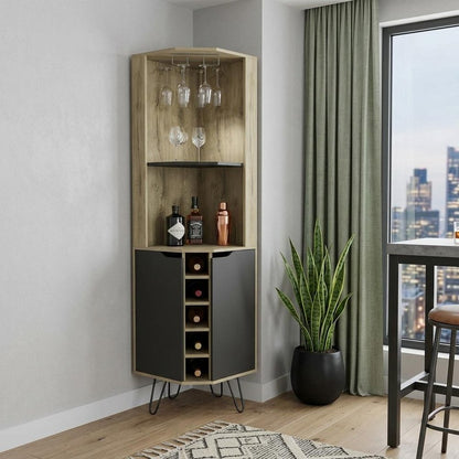 18" Brown and Black and Brown Corner Bar Cabinet With Eleven Shelves